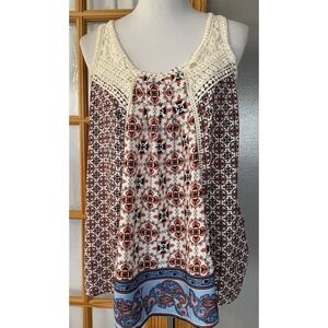 Skylar & Jade Floral Tank Top XL Ivory Lace Trim Blue Paisley Boho Beach Casual